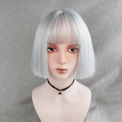 White-Silver Blunt Cut Short Straight Bob Wig with Bangs