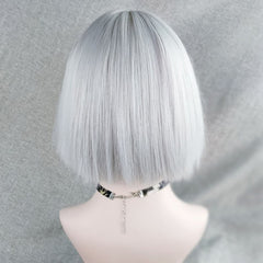 White-Silver Blunt Cut Short Straight Bob Wig with Bangs