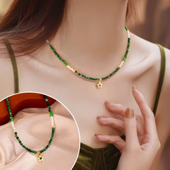 Glass Stone & Shell Green Choker Necklace with Flower Pendant