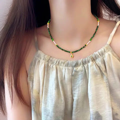 Glass Stone & Shell Green Choker Necklace with Flower Pendant