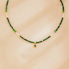 Glass Stone & Shell Green Choker Necklace with Flower Pendant