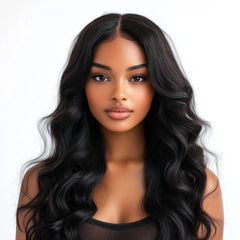 22'' Natural Black Classic Body Wave Wig with Middle Part