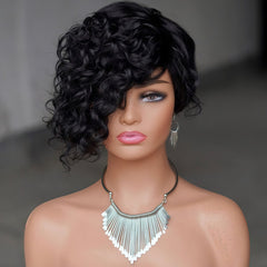 10'' Deep Wave Black Human Hair Asymmetrical Side Swoop Pixie Cut Wig