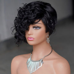 10'' Deep Wave Black Human Hair Asymmetrical Side Swoop Pixie Cut Wig