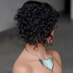 10'' Deep Wave Black Human Hair Asymmetrical Side Swoop Pixie Cut Wig