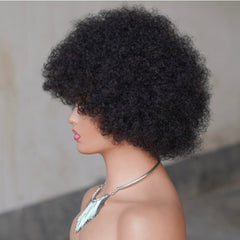 10'' Soft Afro Kinky Curly Short Black Human Hair Pixie Cut Fringe Wig