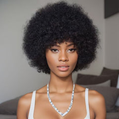 10'' Soft Afro Kinky Curly Short Black Human Hair Pixie Cut Fringe Wig