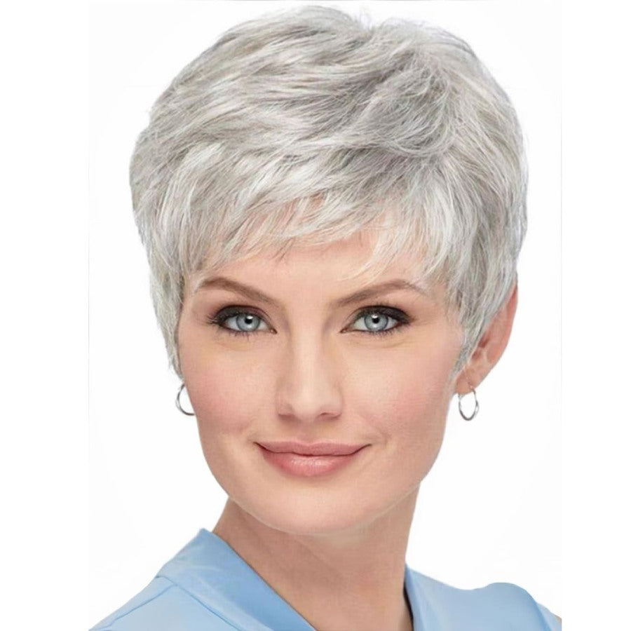 6'' Pixie Cut Salt & Pepper Grey Straight Wig with Bangs for Seniors