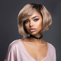 12 Inch Blonde Short  Fiber Silky Subtle Wavy Wig With Dark Root