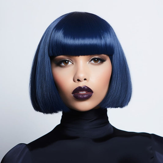 12 Inch Blue Short Straight Bob Wig With Bangs For Black Women