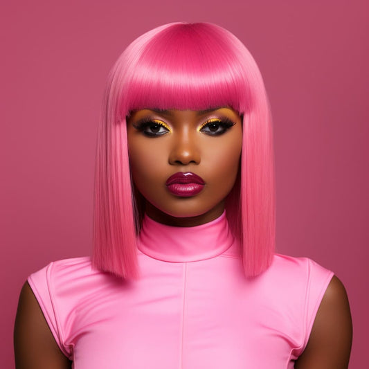 12 Inch Hot Barbie Pink Short Straight Bob Wig With Bangs For Party