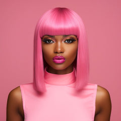 12 Inch Hot Barbie Pink Short Straight Bob Wig With Bangs For Party