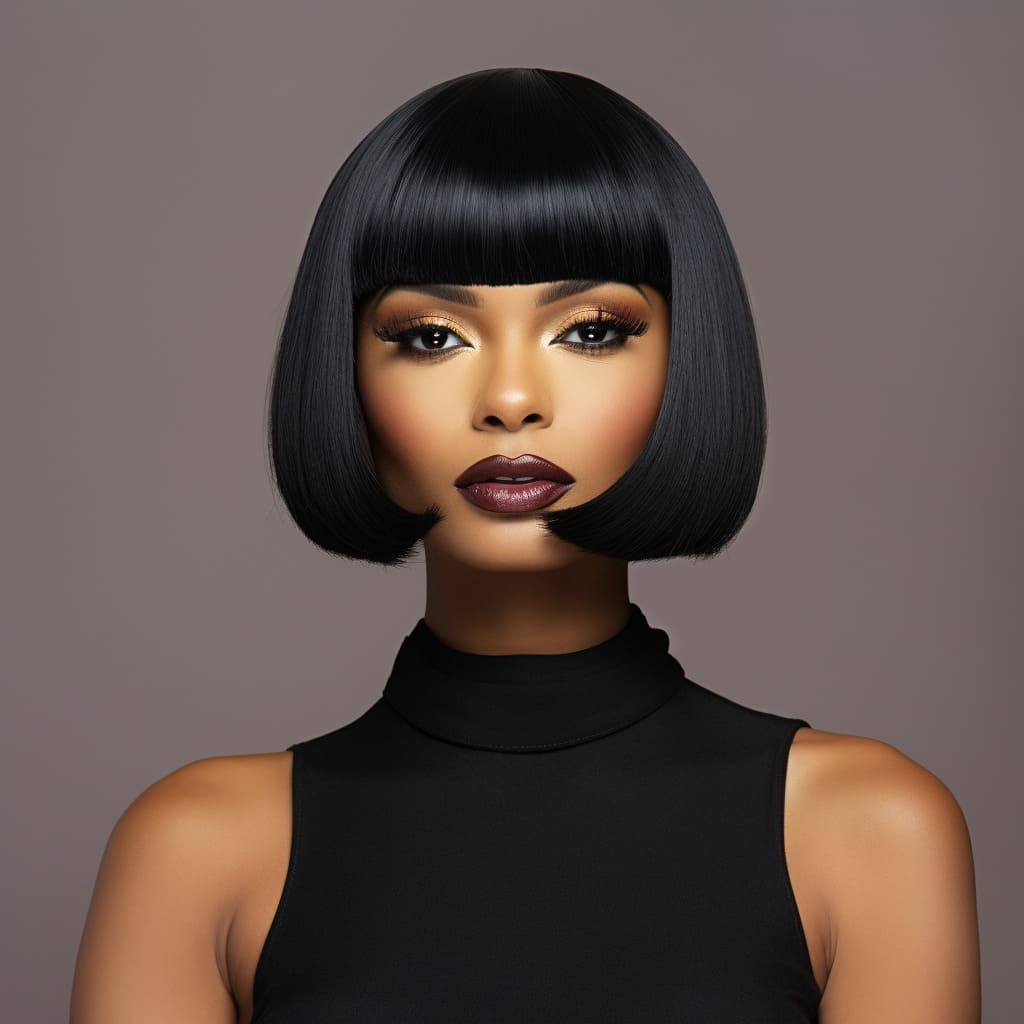 12 Inch Natural Black Short Bob Wig With Bangs For Black Women