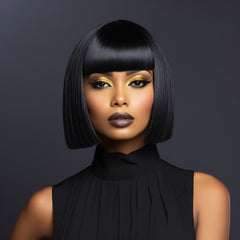 12 Inch Natural Black Short Bob Wig With Bangs For Black Women