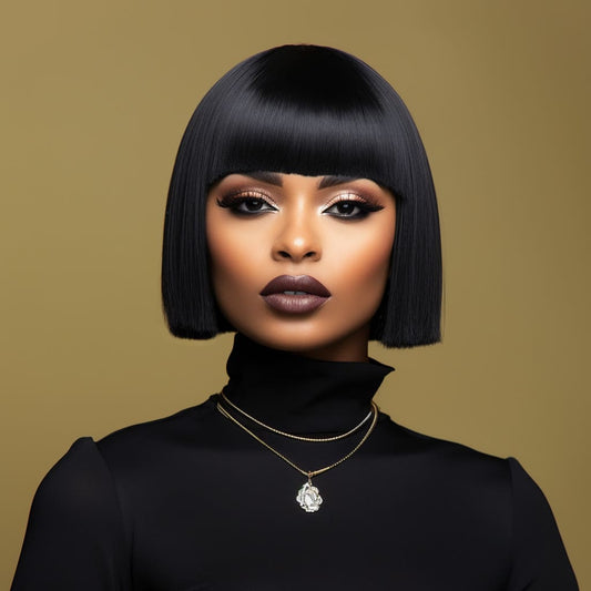 12 Inch Natural Black Short Bob Wig With Bangs For Black Women