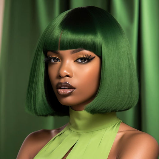 12 Inch Olive Green Short Bob Wig With Bangs for Women