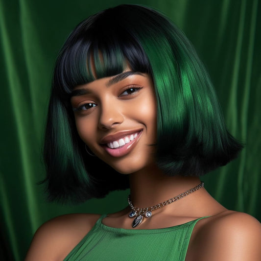 12 Inch Ombre Dark Green Short Subtle Curly Bob Wig With Bangs