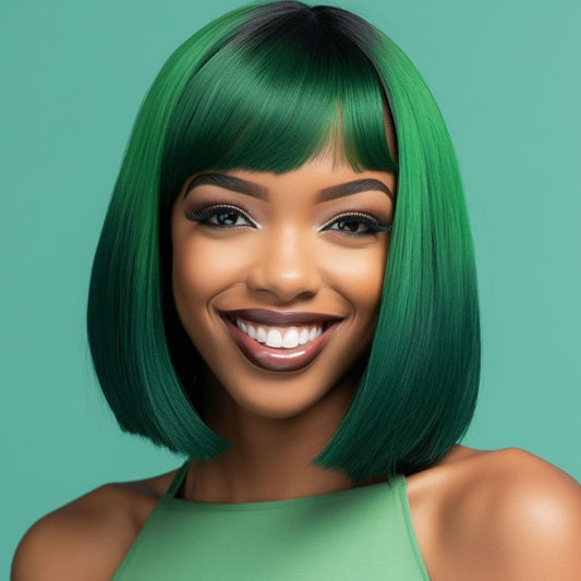 12 Inch Synthetic Fibre Ombre Green Short Bob Wig With Black Root
