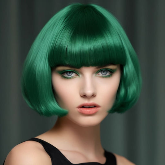 12 Inch Unique Design Short Sea Green Bob Wig With Bangs For Party & Daily Use