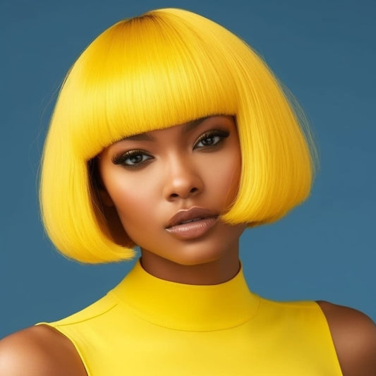 12 Inch Unique Design Short Yellow Bob Wig With Bangs For Black Women