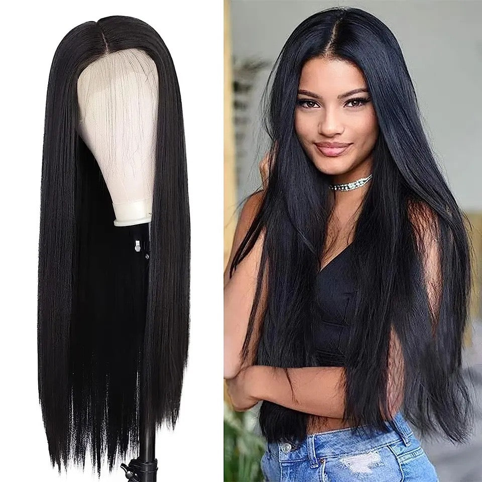 Black Straight Silk Top Front Lace Brazillian Raw Human Hair Wig