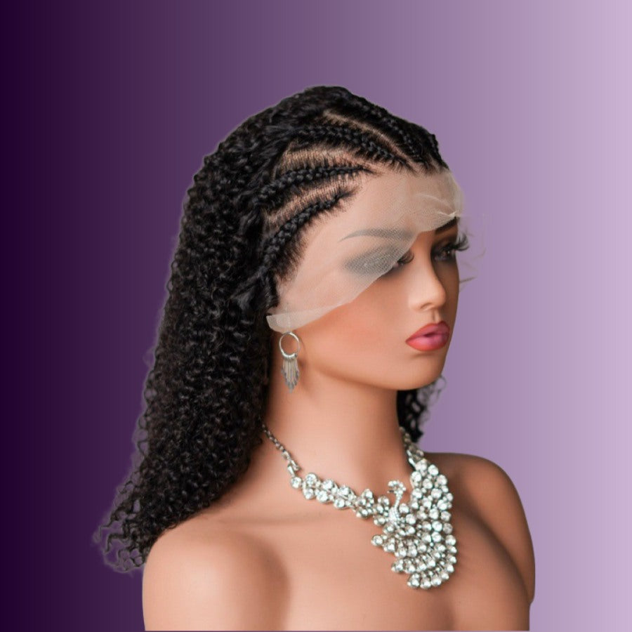 13x4 Front Lace Black Pre-Braided Human Hair Deep Wave Wig