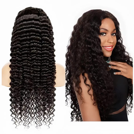 13x4 Front Lace Natural Black 100% Human Hair Deep Wave Wig For Black Women