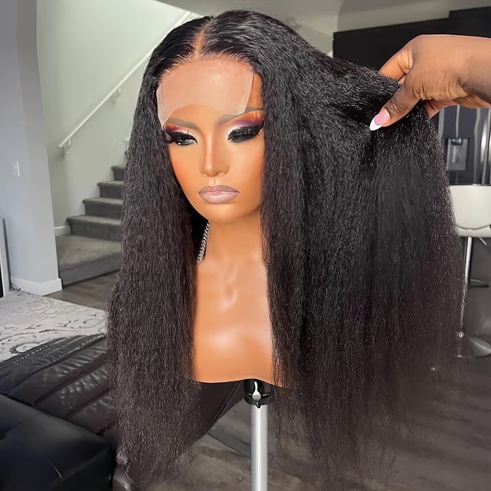 13x4 Frontal Lace Black Kinky Straight Human Hair Wig