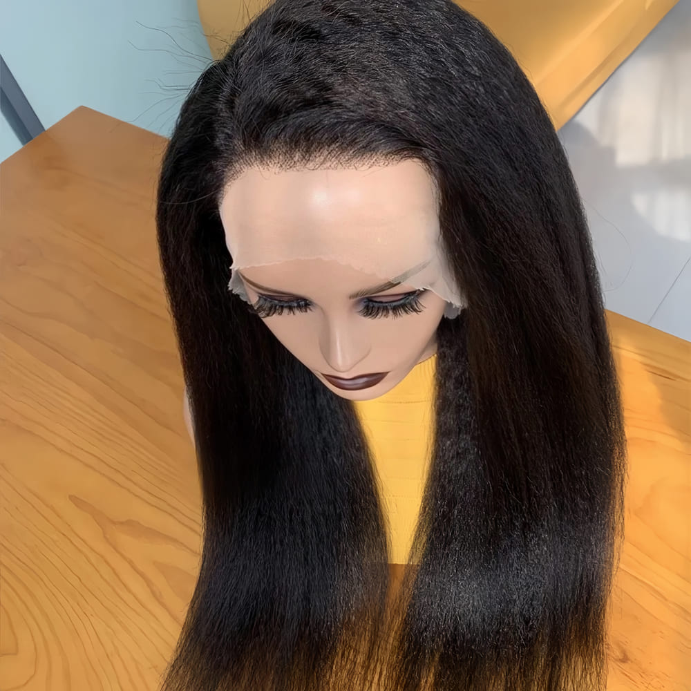 13x4 Frontal Lace Black Kinky Straight Human Hair Wig