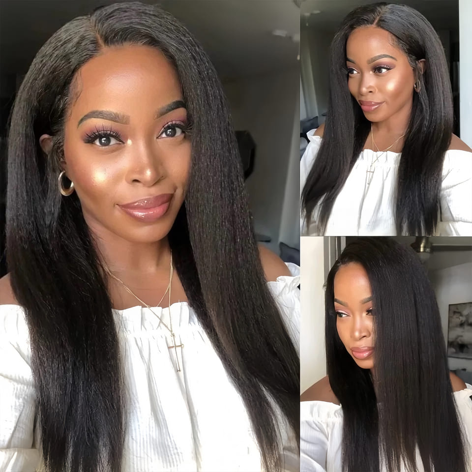 13x4 Frontal Lace Black Kinky Straight Human Hair Wig