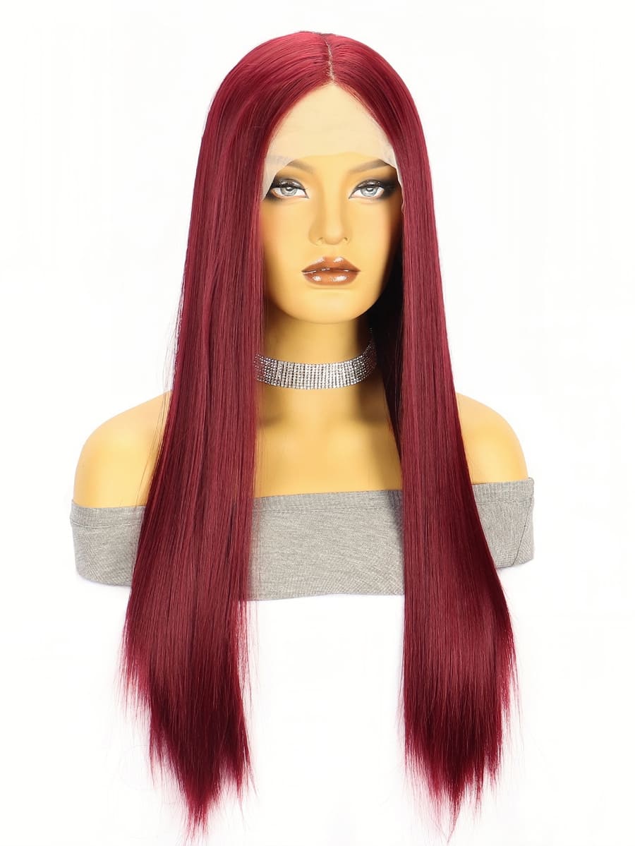 14-26 Inches Burgundy Wine Red Front Lace Straight Wig