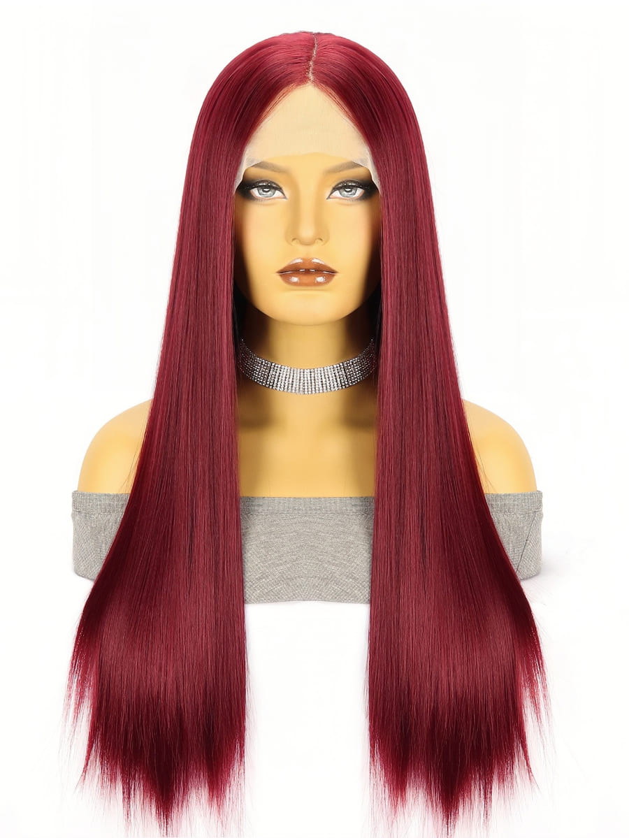 14-26 Inches Burgundy Wine Red Front Lace Straight Wig