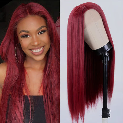 14-26 Inches Burgundy Wine Red Front Lace Straight Wig