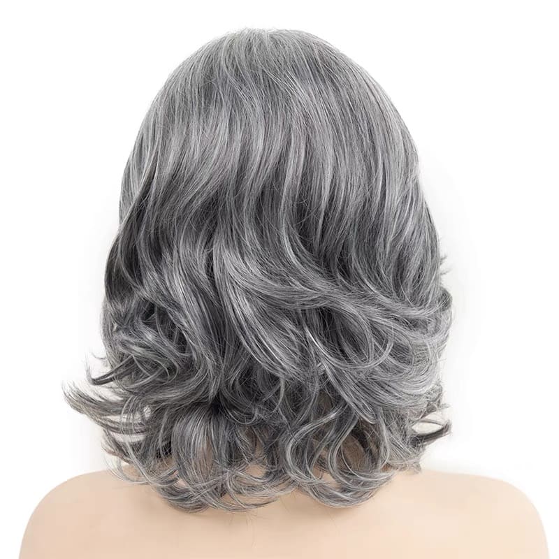 14 Inch Short Grey Curly Wavy Wig With White Highlights