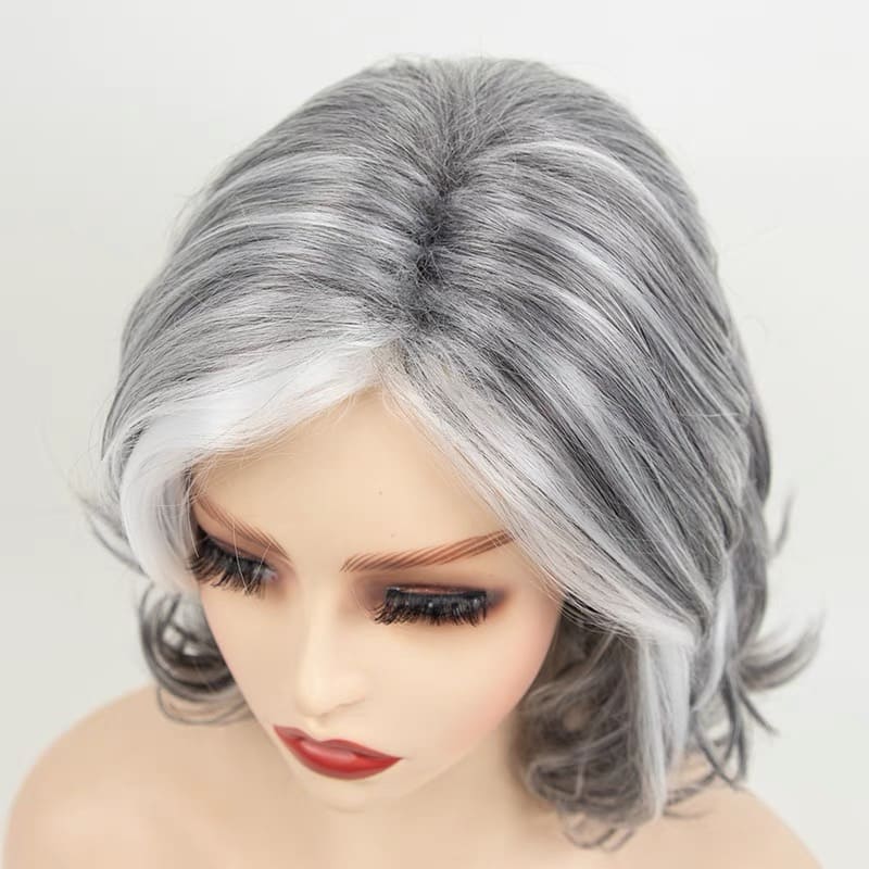 14 Inch Short Grey Curly Wavy Wig With White Highlights