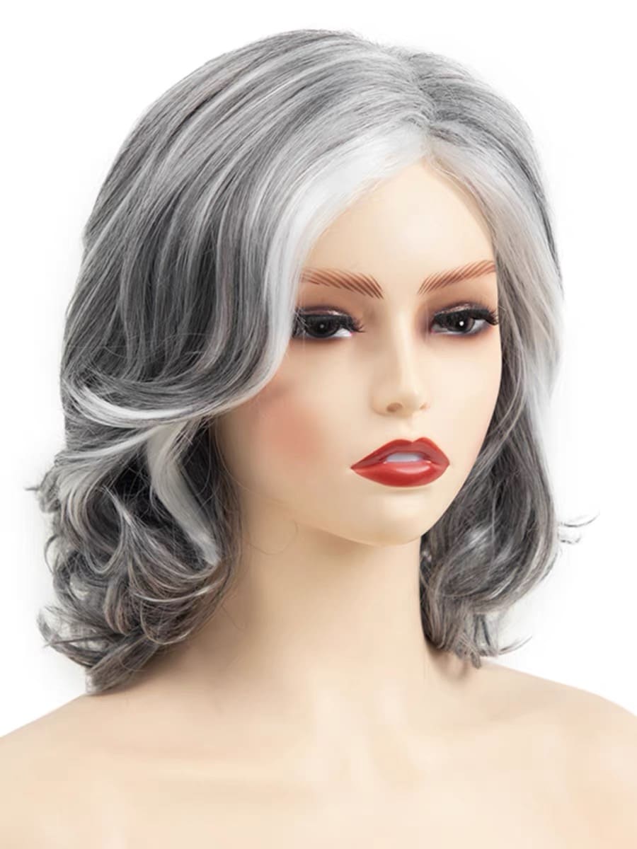 14 Inch Short Grey Curly Wavy Wig With White Highlights