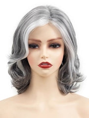 14 Inch Short Grey Curly Wavy Wig With White Highlights