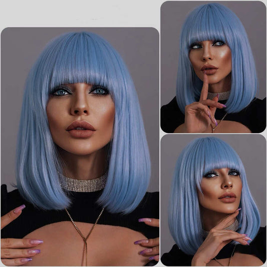 14 Inch Short Straight Light Blue Bob Wig With Bangs For Black Women