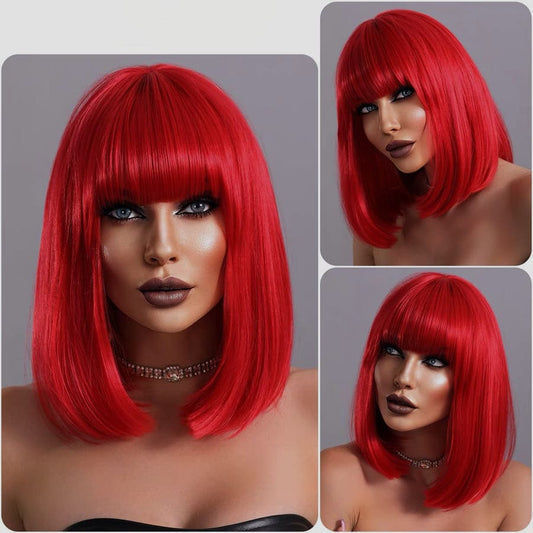 14 Inch Short Straight Red Bob Wig With Bangs For Black Women