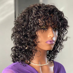 14 Inch Water Wave Fringe Human Hair Bob Wig With Bangs