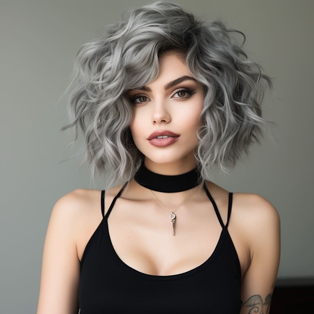 15 Inch Grey Messy Short Curly Wavy Wig