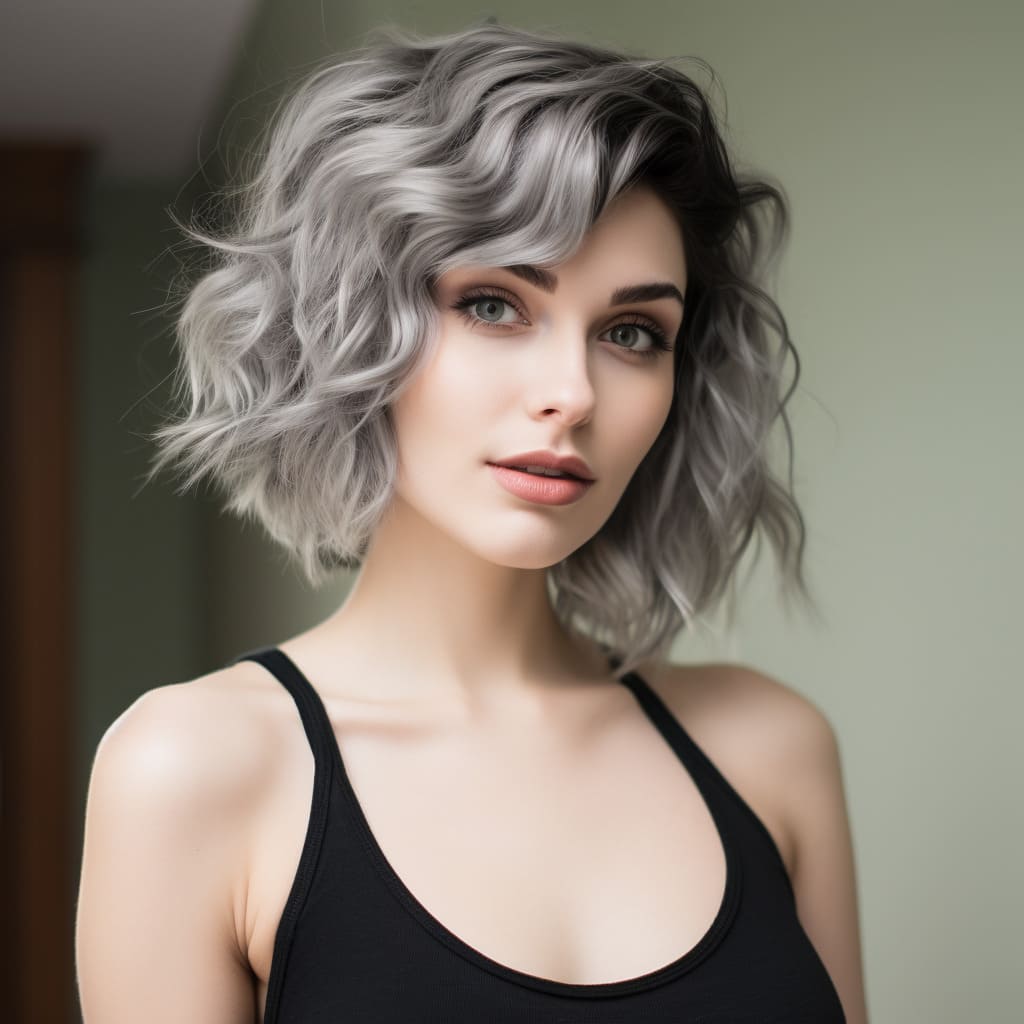 15 Inch Grey Messy Short Curly Wavy Wig