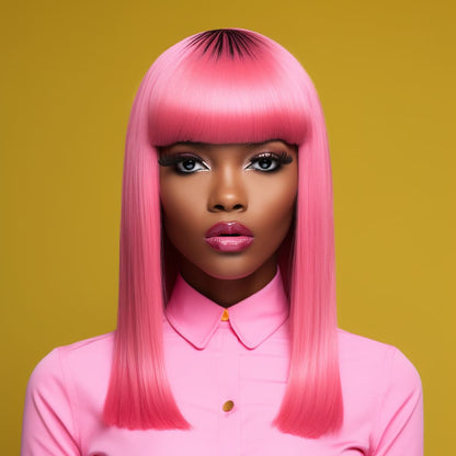 16 Inch Hot Barbie Pink Medium Long Straight Wigs With Bangs