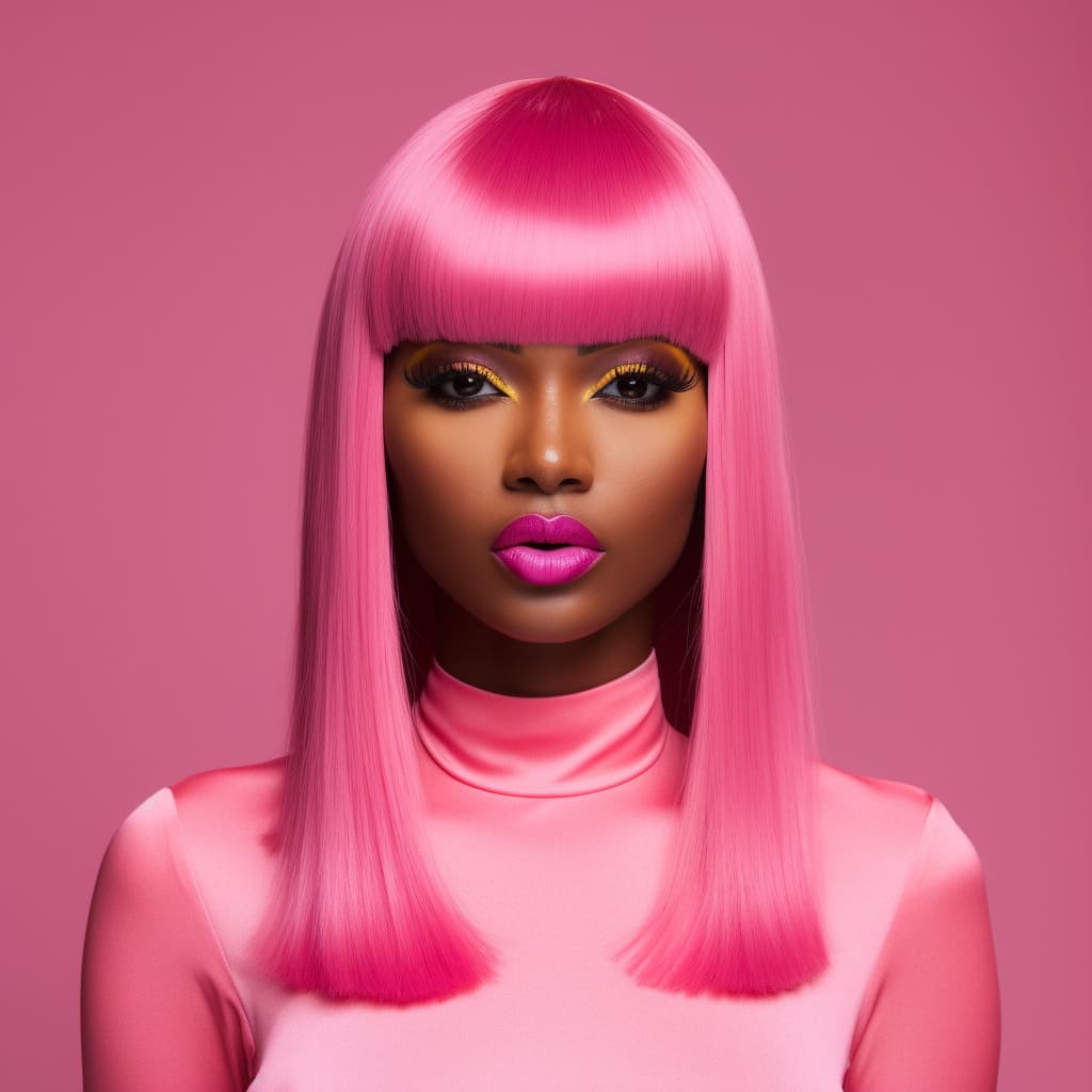 16 Inch Hot Barbie Pink Medium Long Straight Wigs With Bangs