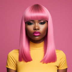 16 Inch Hot Barbie Pink Medium Long Straight Wigs With Bangs