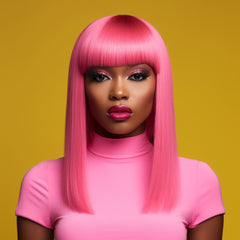 16 Inch Hot Barbie Pink Medium Long Straight Wigs With Bangs