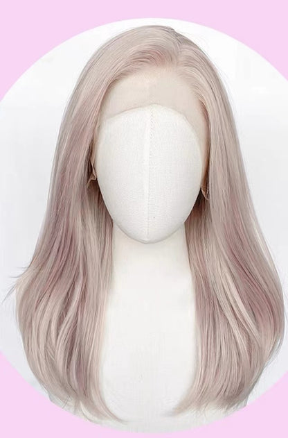 18 Inch Long Hand Made Front Lace Pink Straight Wig With Bangs For Party & Daily Use