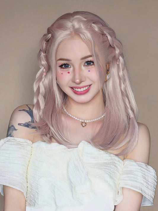 18 Inch Long Hand Made Front Lace Pink Straight Wig With Bangs For Party & Daily Use