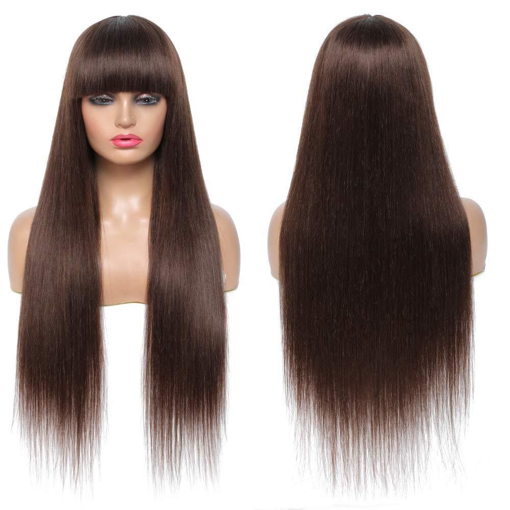 18 Inch Medium Long Natural Sienna Brown Long Straight Wig With Bangs