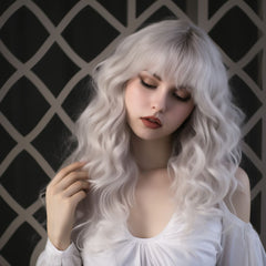 18 Inch Medium Long Snow White Curly Wavy Wigs With Bangs